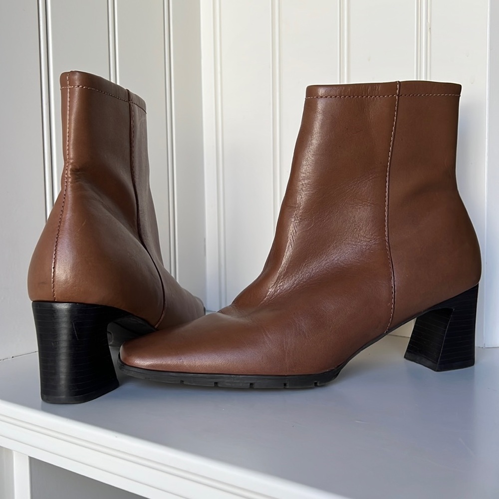 Brown Leather Ankle Booties - Classic Block Heel